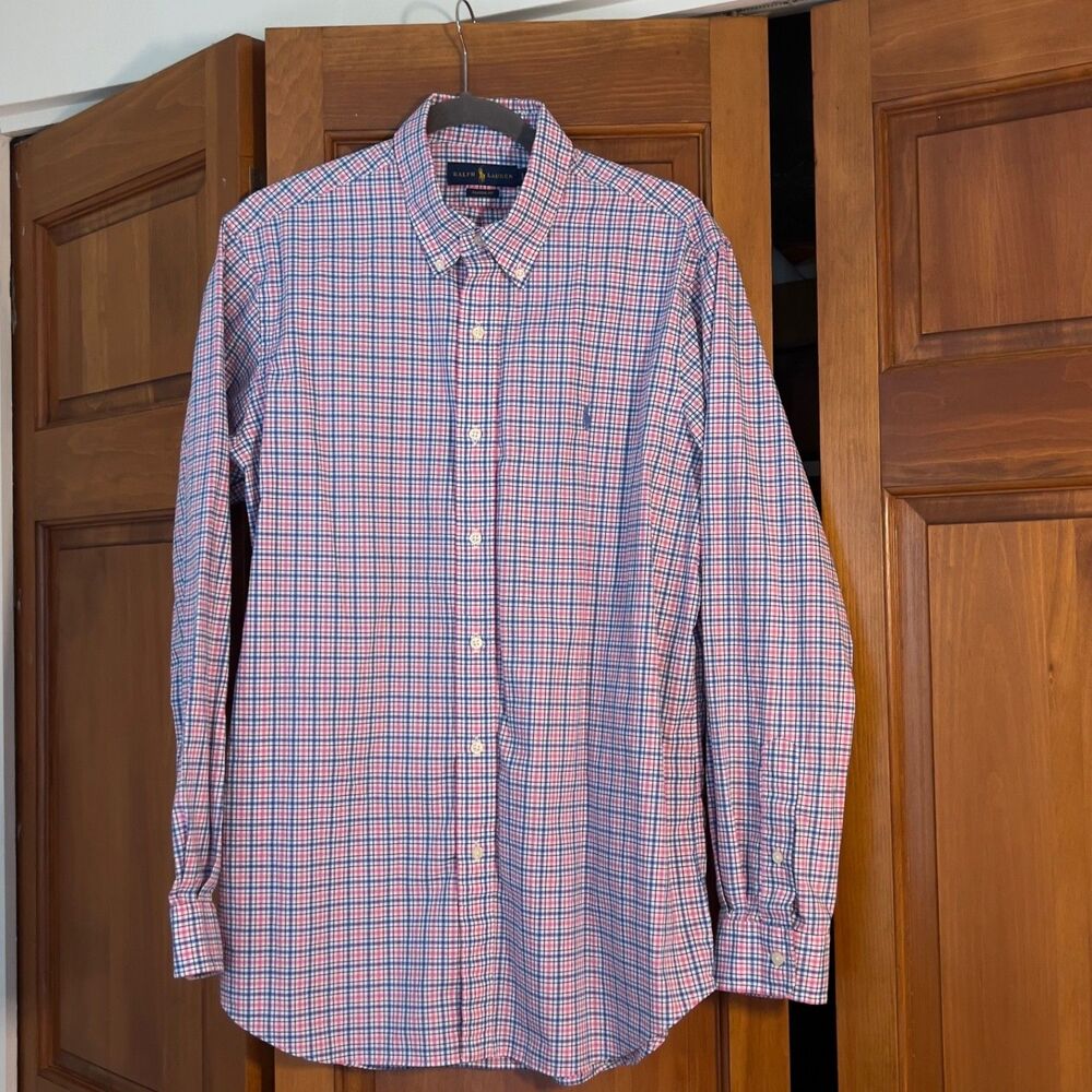 Ralph Lauren Classic Fit Plaid Button Down Shirt Men's Large Pink Blue White